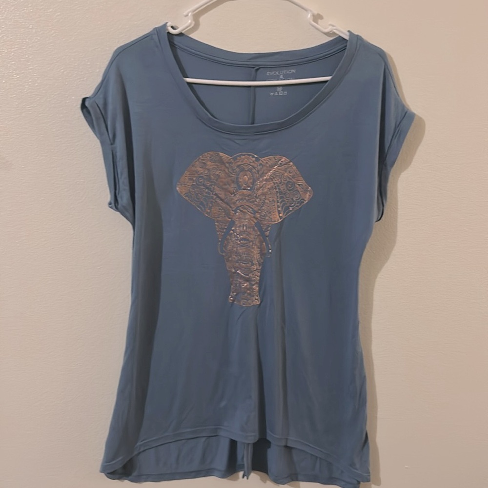 Evolution Creation Blue/Metallic Elephant Cap Sleeve Relaxed Fit T-Shirt.Size:M
